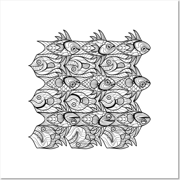 Fish tessellation escher style in black and white Wall Art by Maxsomma